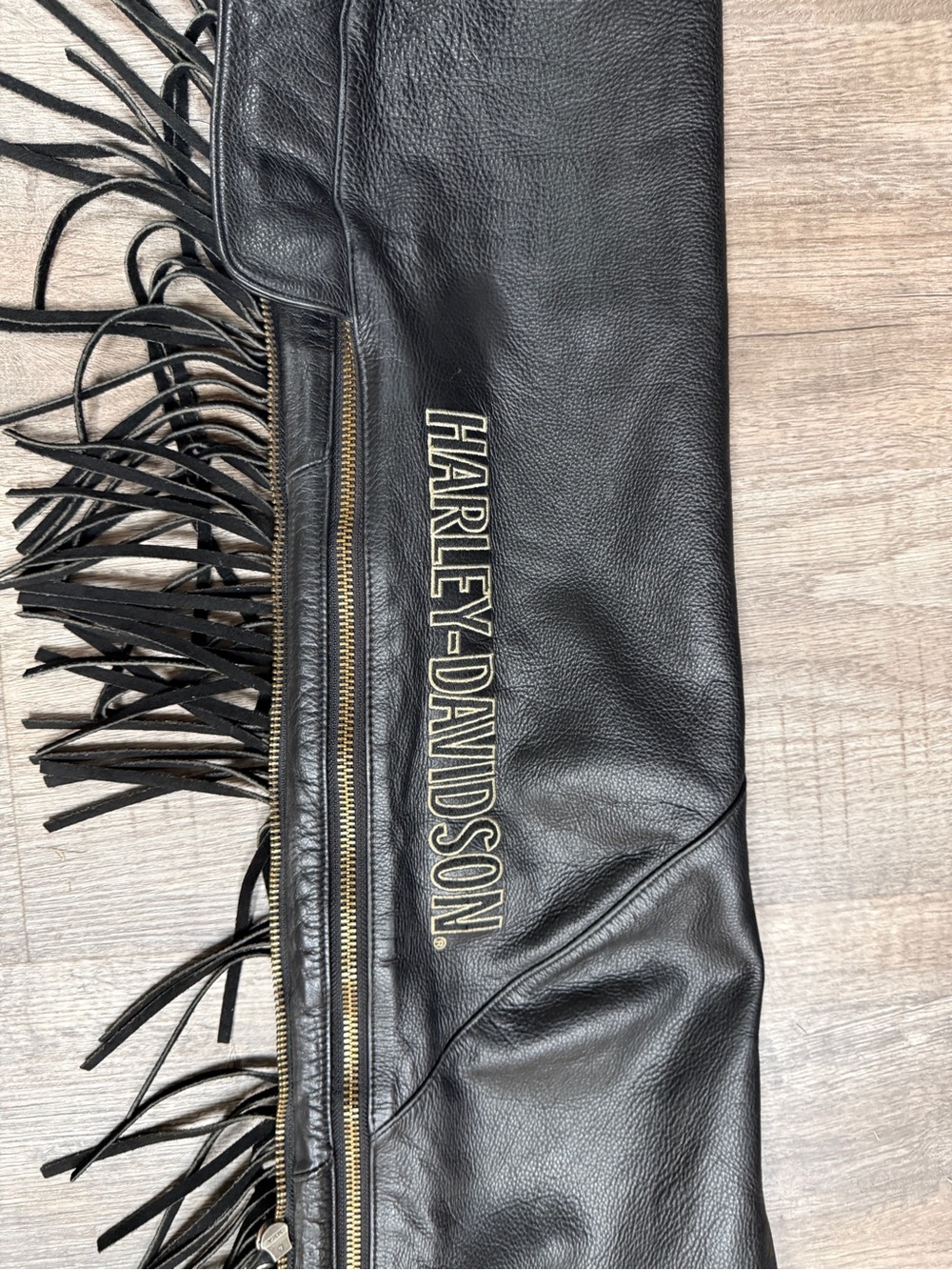 Harley-Davidson Black Leather Fringe Motorcycle Chaps with Zippers - Picture 2 of 6